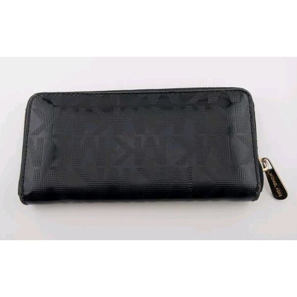 Michael Kors Black Zipper Wallet Shiny Patent MK Zip Around - Picture 2 of 9